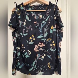 Banana Republic Black Floral Cold-Shoulder Satin V-Neck Top